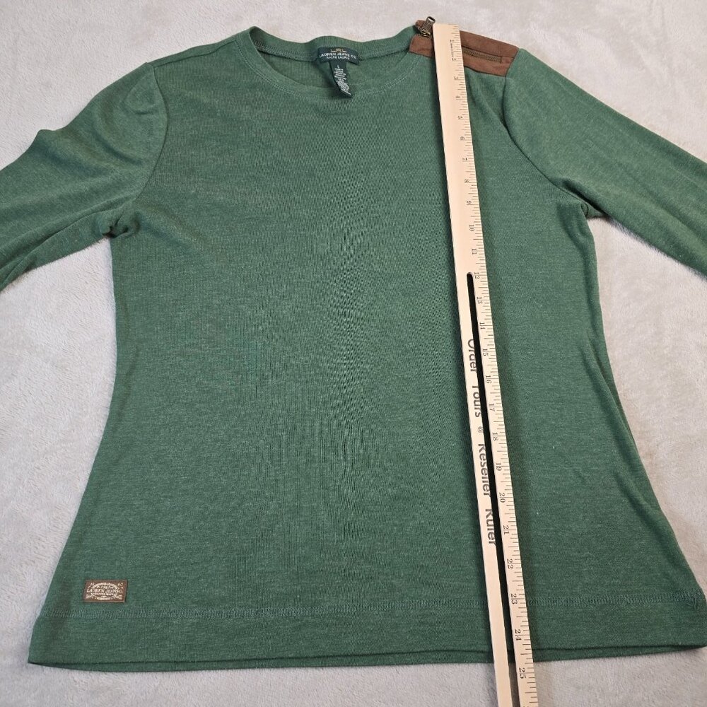 Lauren Ralph Lauren Top Womens Large Green Brown Faux Suede Elbow Patches Preppy - Picture 8 of 15